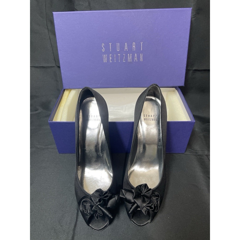 Stuart Weitzman Marimbow Black Satin Peep Toe Heels Women's 6.5 M